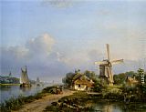 Windmill, Paintings - Figures on a Canal near a Windmill by Lodewijk Johannes Kleijn